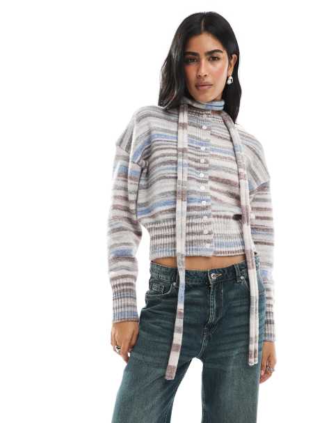 Daisy Street – Gestreifte melierte Strickjacke im bunten Space-Dye-Design mit durchgehender Knopfleiste und Schal - view 1