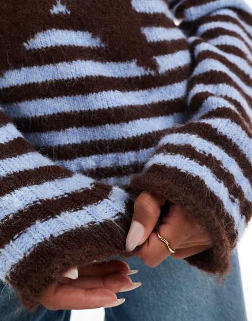 Daisy Street – Gestreifter Pullover in Blau und Braun mit Rollsaum und Sternmotiv, 3 von 4