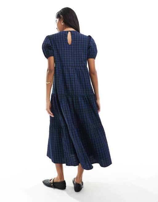Daisy Street – Gestuftes Maxikleid in marineblau kariert mit Puffärmeln, 3 von 4
