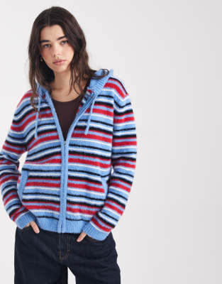 Daisy Street - Gilet en maille duveteuse à fermeture éclair et rayures - Bleu et rouge-Multicolore