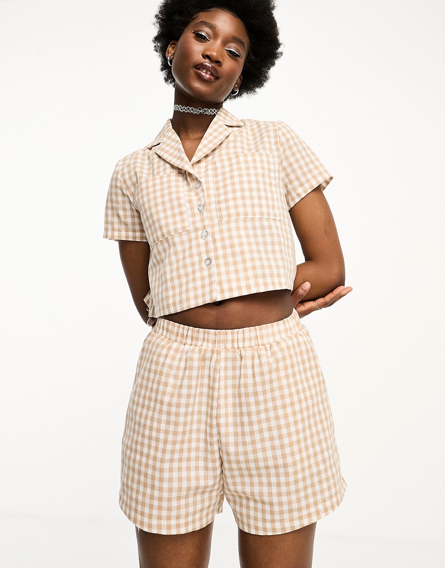Daisy Street gingham boxy shirt in brown and white co-ord