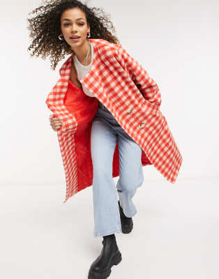 red and white check coat