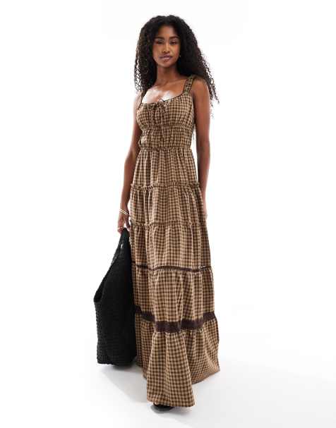 Daisy Street gingham check milkmaid midi dress in brown gingham 