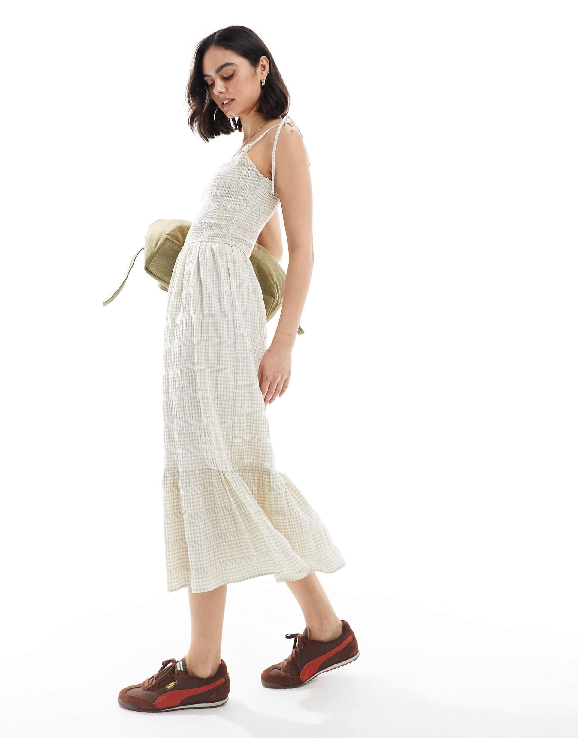 daisy street gingham maxi dress with shirred bodice in beige