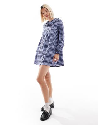 gingham shift smock dress with ruffle collar-Blue