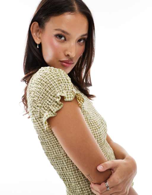 Daisy Street gingham shirred top in green