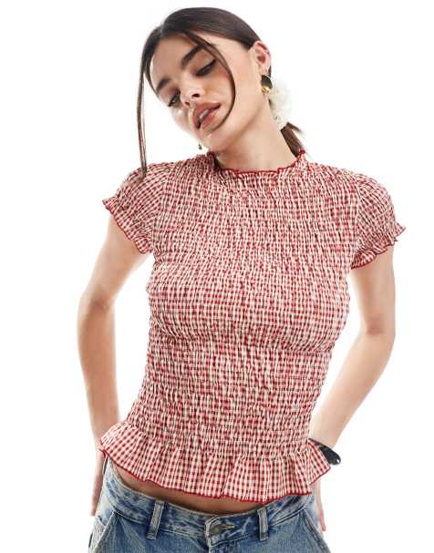 Daisy Street gingham shirred top in red - view 1