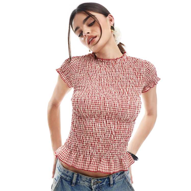 Daisy Street gingham shirred top in red | ASOS