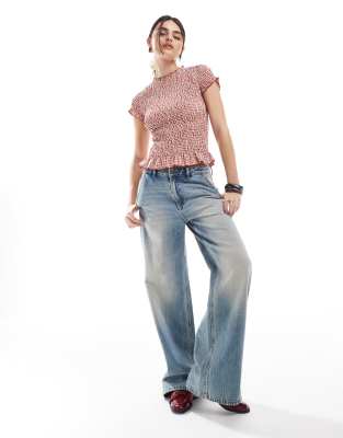 Daisy Street gingham shirred top in red | ASOS