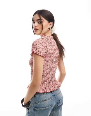 Daisy Street gingham shirred top in red | ASOS