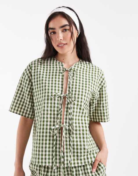 Daisy Street gingham tie front top in green check co-ord