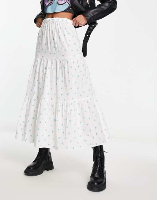 Daisy Street - Gonna midi a balze effetto lino bianca a fiorellini