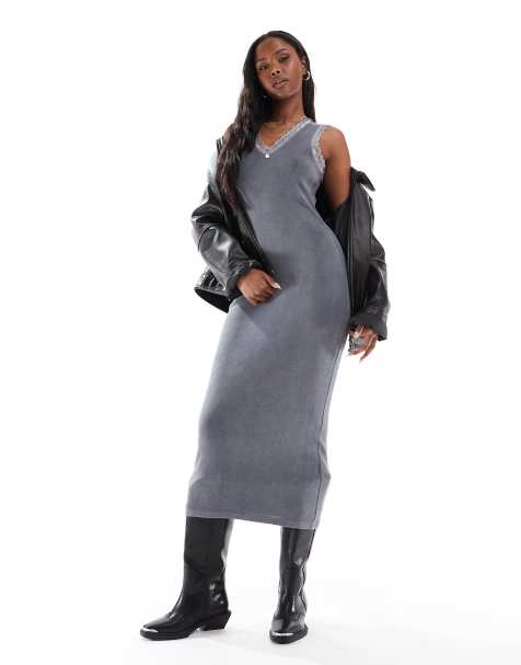 Daisy Street scoop rib midi dress with lace trim and rosette in charcoal