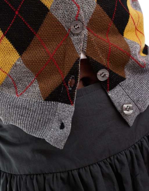 Daisy Street - Gråmeleret cardigan med panel med harlequin-mønster fortil, 2 af 4