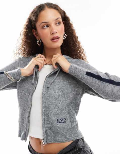 Daisy Street gray 90s zip up fitted hoodie with navy side stripes - view 1
