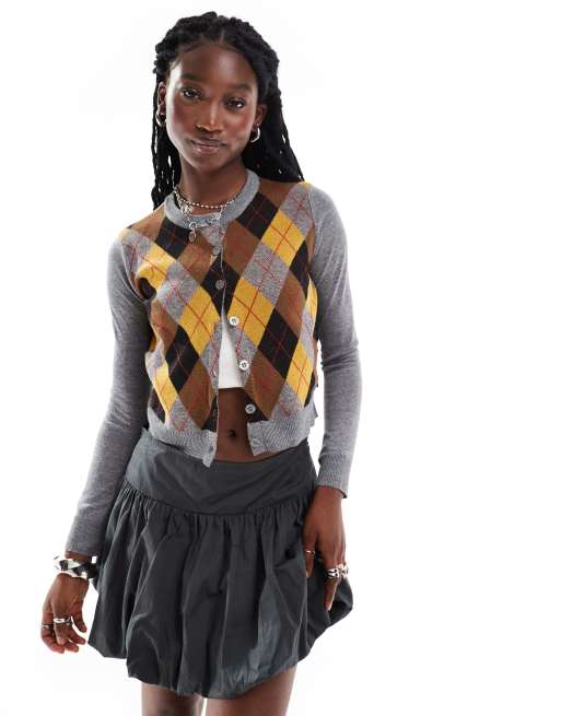 Daisy Street gray heather cardigan with harlequin pattern front panel