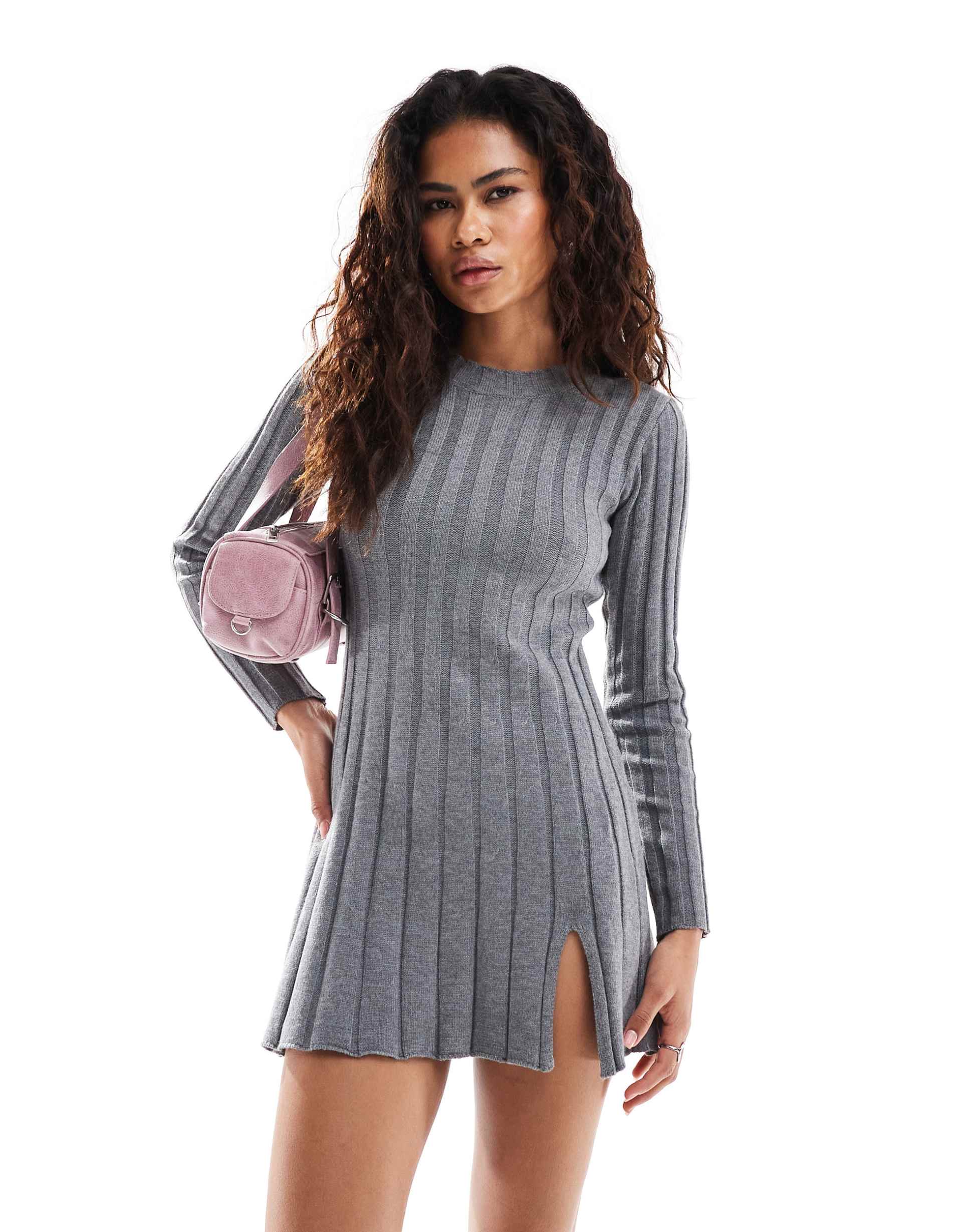 daisy street gray wide rib knit fitted sweater dress with side slit