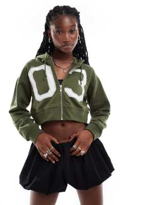 green cropped applique zip up hoodie