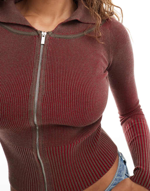 Daisy Street grey and red plated rib zip up cardigan with statement collar, 2 of 4