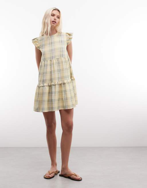 Daisy Street - Gul lagdelt smock-minikjole med flæser og tern, 2 af 4