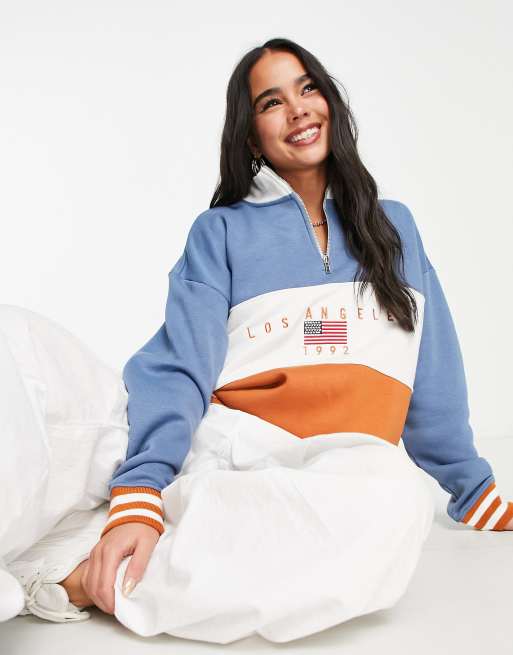 Daisy Street half zip funnel neck sweat in colour block with LA graphic