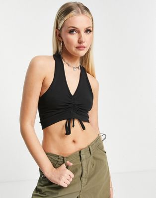 Daisy Street halterneck top with ruching in black