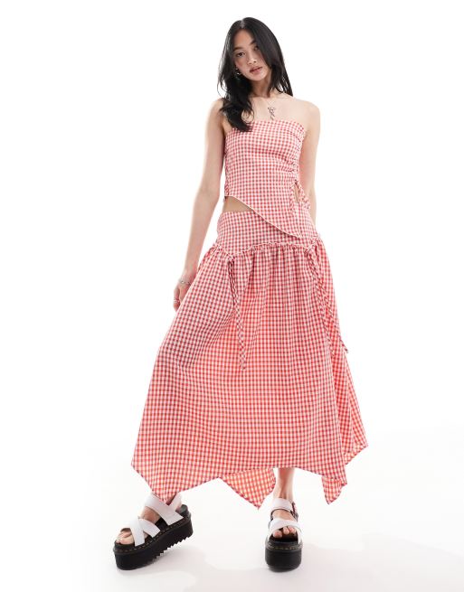 Daisy Street hanky hem midi skirt in red gingham (part of a set)