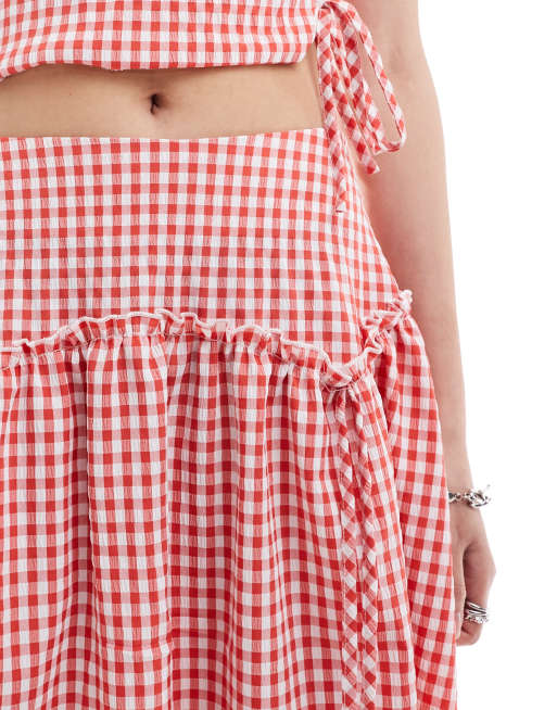 Daisy Street hanky hem midi skirt in red gingham (part of a set - Main Image
