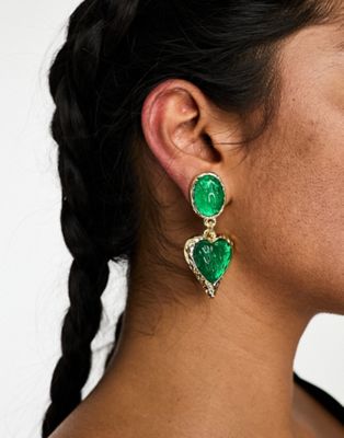 Daisy Street heart drop earrings in green and gold