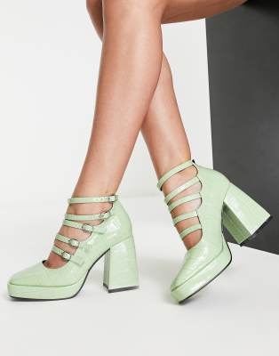 Daisy Street heeled shoes with strap detailing in sage green vinyl