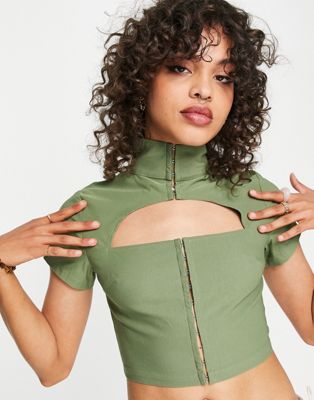 Daisy Street high neck cut out fitted top in sage co-ord - ASOS Price Checker
