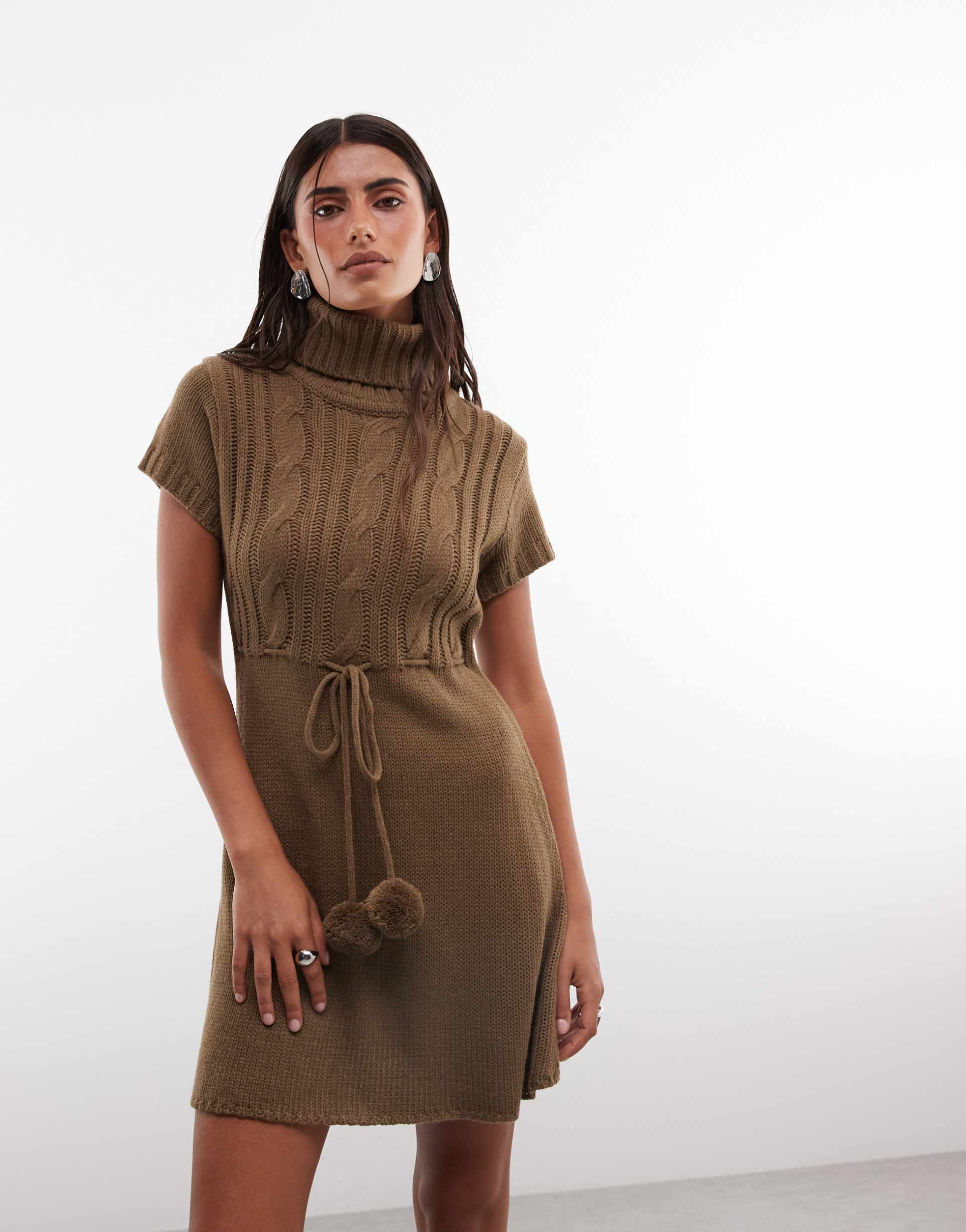 daisy street high neck knit mini dress with tie pom poms in brown