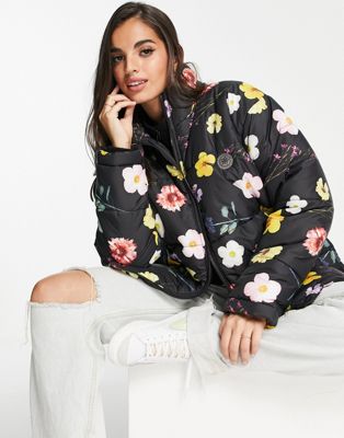 Daisy Street high neck puffer jacket in black floral