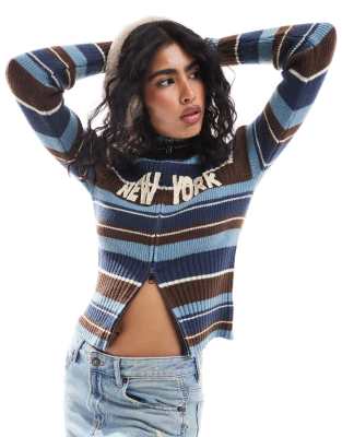 Daisy Street Daisy Street high neck ribbed zip through knit with new york graphic in brown and blue stripe-White