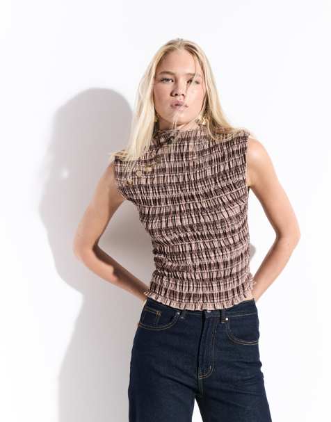 Daisy Street high neck shoulder button shirred top in multi check - view 1