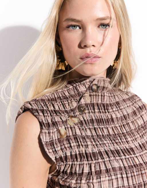 Daisy Street high neck shoulder button shirred top in multi check, 3 of 7