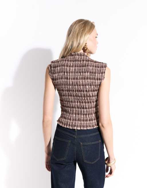 Daisy Street high neck shoulder button shirred top in multi check, 4 of 7