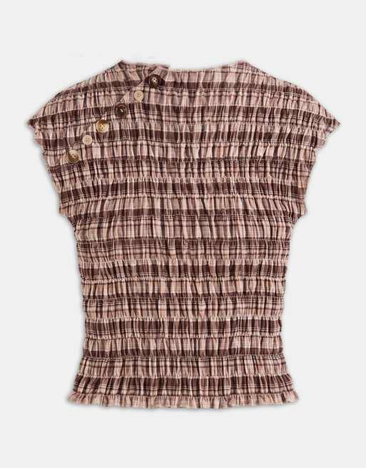 Daisy Street high neck shoulder button shirred top in multi check, 5 of 7