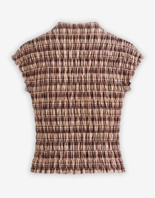Daisy Street high neck shoulder button shirred top in multi check, 6 of 7