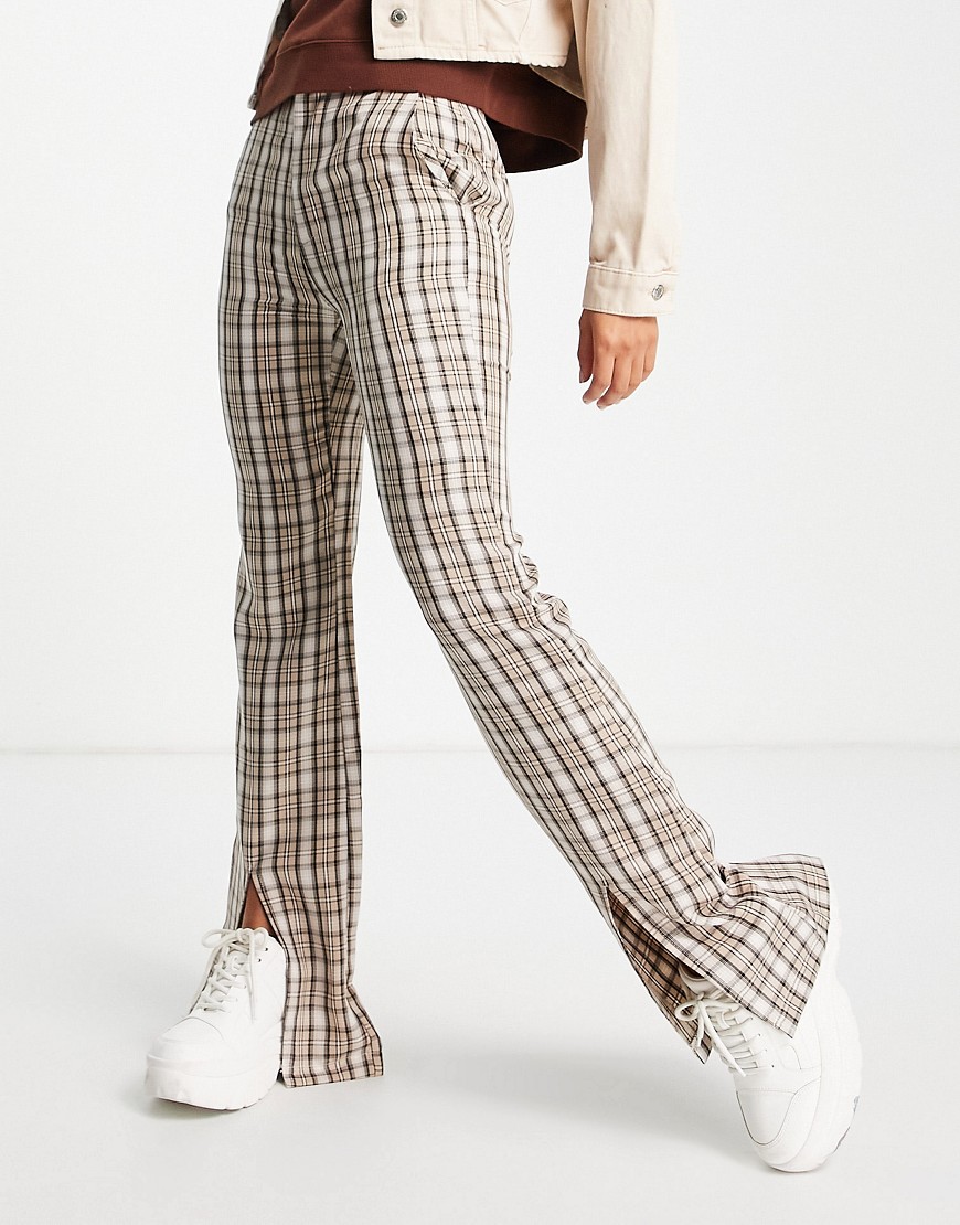 Daisy Street high waist tailored pants with front splits in vintage check-Neutral