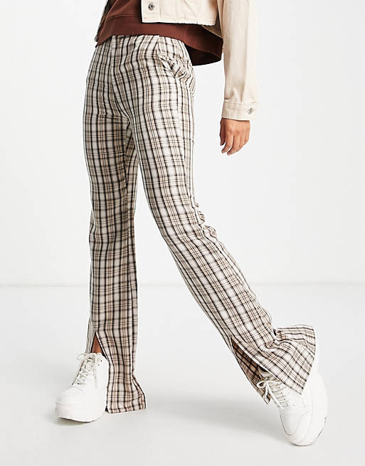 Daisy Street high waist tailored trousers with front splits in vintage check