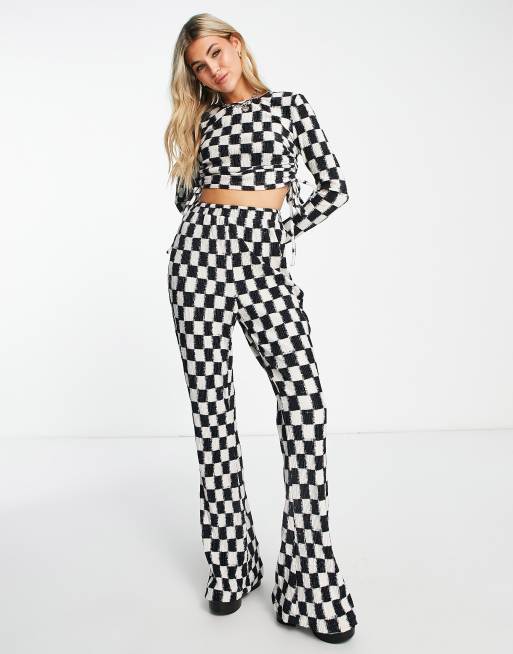 Daisy Street high waist trousers in checkerboard velvet plisse co-ord