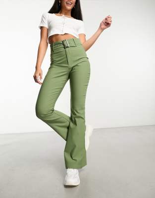 Daisy Street High Waisted Bengaline Pants With Belt In Sage - Part Of A Set-green