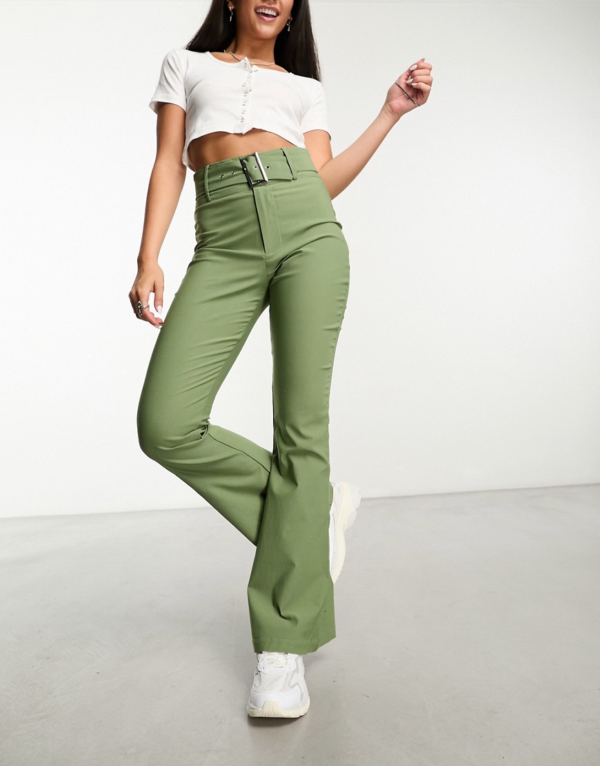 Daisy Street high waisted bengaline pants with belt in sage - part of a set-Green