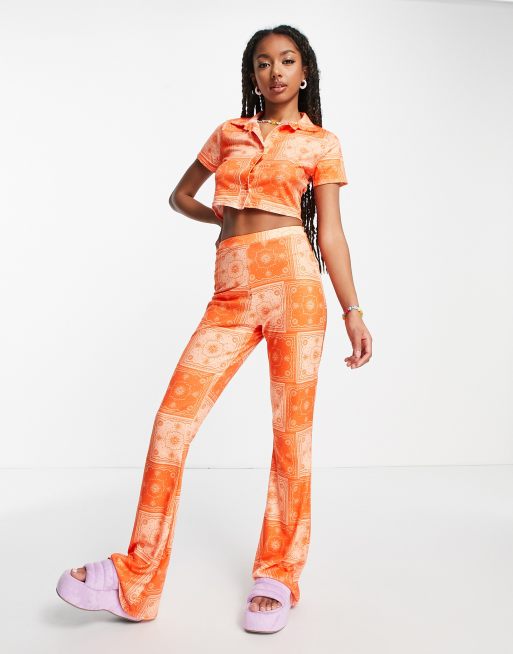 Daisy Street high waisted flare pants in orange bandana - part of