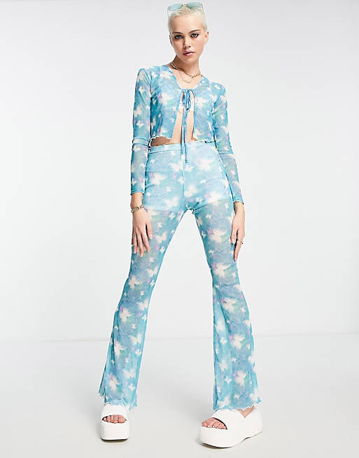 Daisy Street high waisted lettuce hem flare pants in butterfly mesh (part of a set)