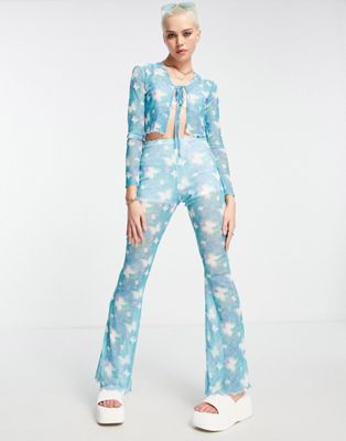 Daisy Street high waisted lettuce hem flare trousers in butterfly mesh co-ord