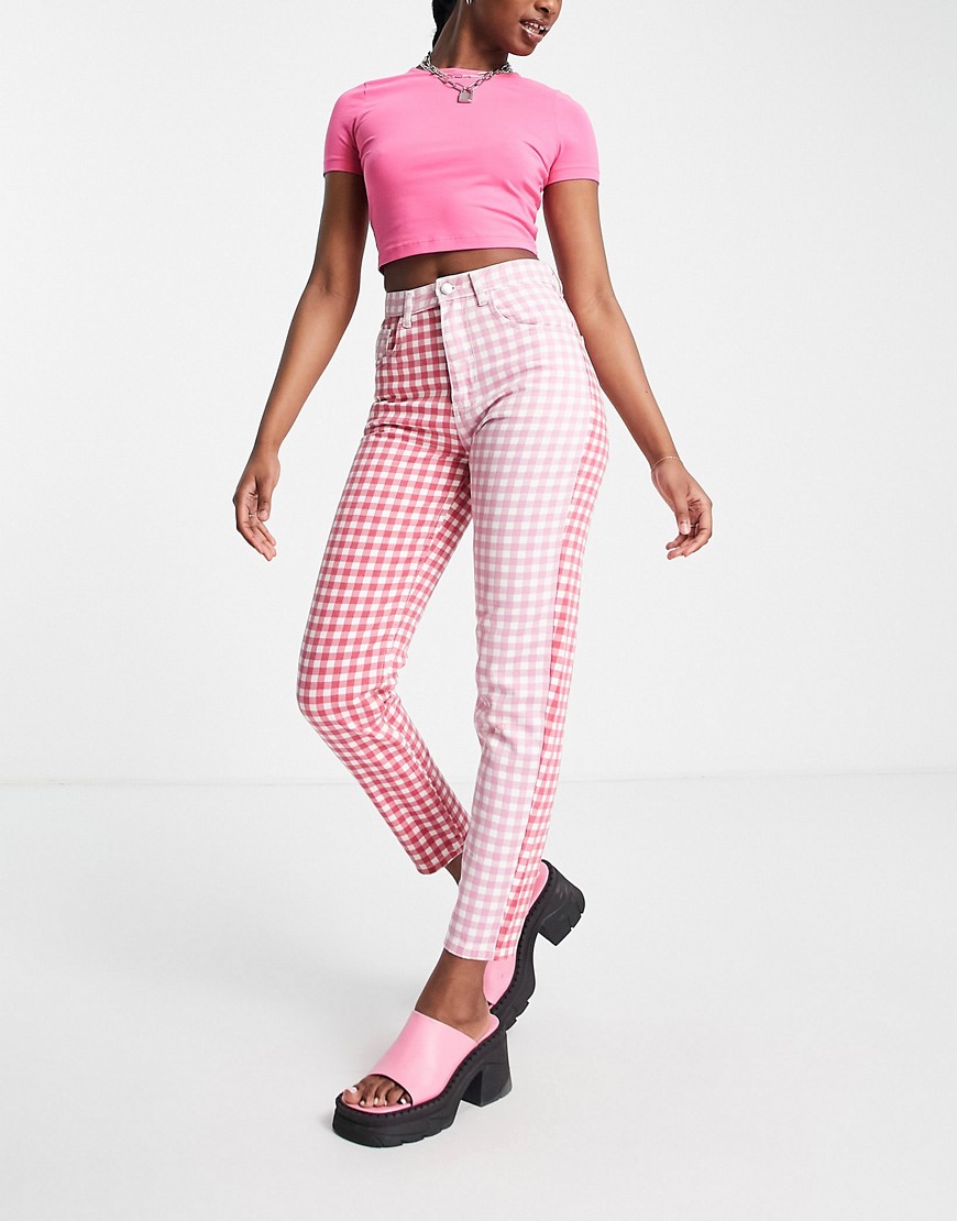 Daisy Street high waisted mom jeans in pink & red gingham mix