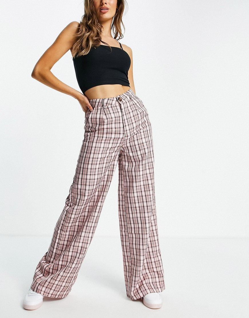 Daisy Street high waisted wide leg pants in pink check - part of a set-Multi