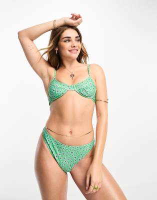 Daisy Street hipster bikini bottoms in green floral